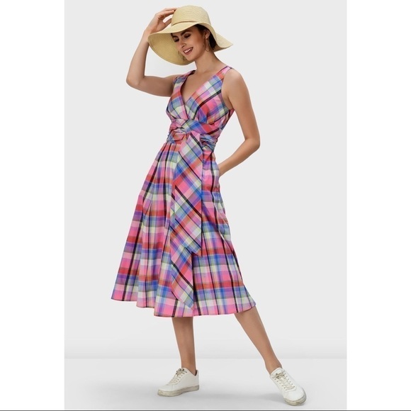 eShakti Cotton Voile Check Surplice Dress Multicolor Plaid Belted Pleated - Picture 2 of 9
